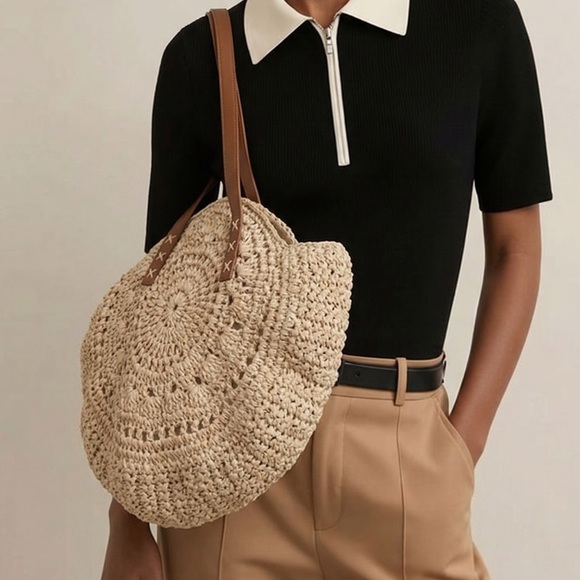 Handbags - Beige Woven Tote Bag with Brown Straps